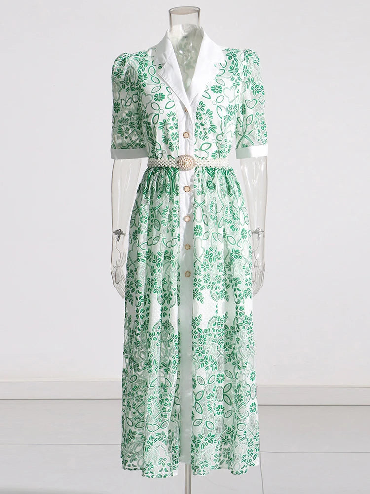 AIIZIE V NECK SPLICED BELTS EMBROIDERY MIDI DRESS IN GREEN - product image