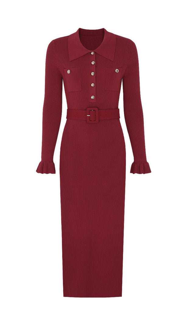 AIIZIE Jacek Elegant Ribbed Knit Midi Dress - Button-Front & Belted - product image