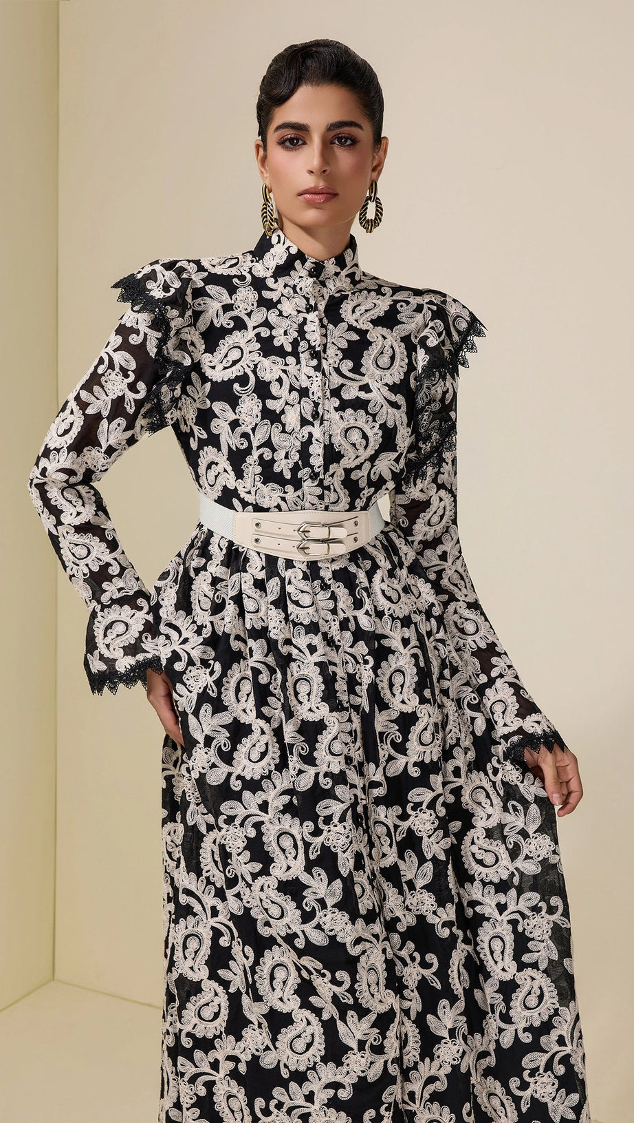 alma Chiffon Embroidered Single Breasted Midi Dress With Belt - black
