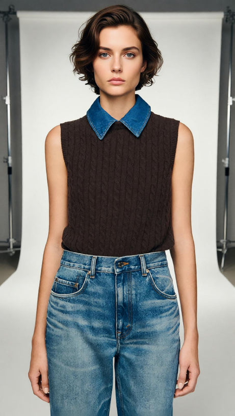 Chic Denim Collar Cable Knit Sleeveless Sweater Vest for Women
