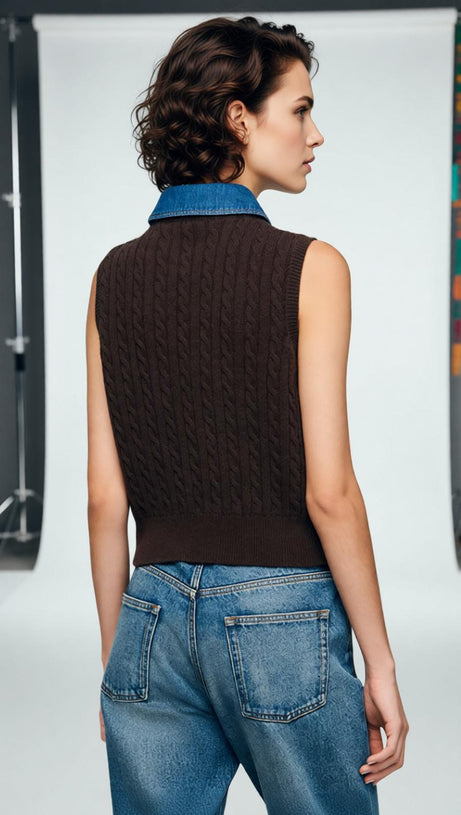 Chic Denim Collar Cable Knit Sleeveless Sweater Vest for Women