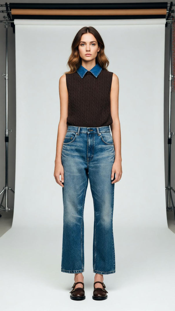 AIIZIE Chic Denim Collar Cable Knit Sleeveless Sweater Vest for Women - product image