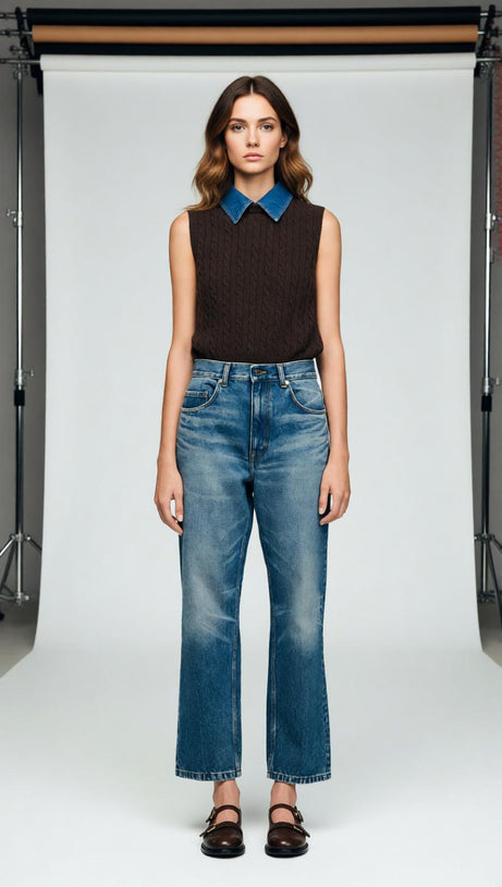 Chic Denim Collar Cable Knit Sleeveless Sweater Vest for Women