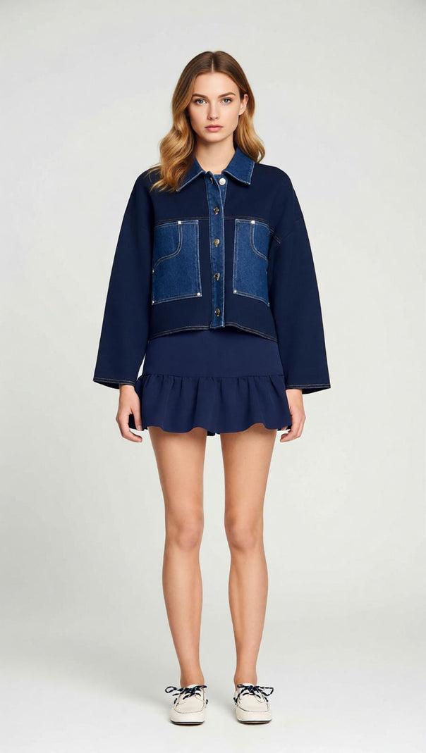AIIZIE Chic Two-Tone Denim & Knit Blend Cardigan Jacket for Women - product image