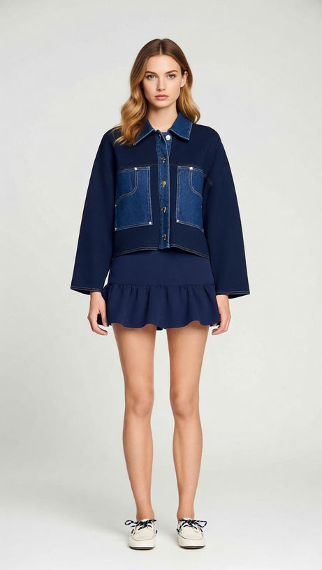 Chic Two-Tone Denim & Knit Blend Cardigan Jacket for Women