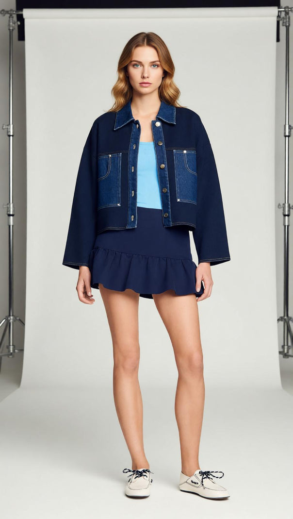 AIIZIE Chic Two-Tone Denim & Knit Blend Cardigan Jacket for Women - product image