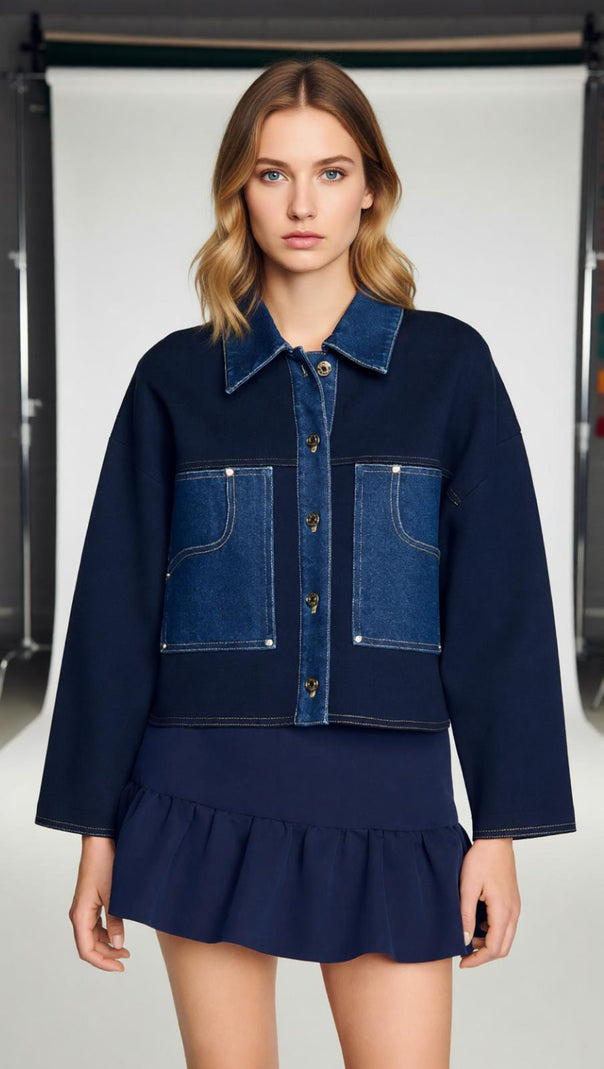 AIIZIE Chic Two-Tone Denim & Knit Blend Cardigan Jacket for Women - product image