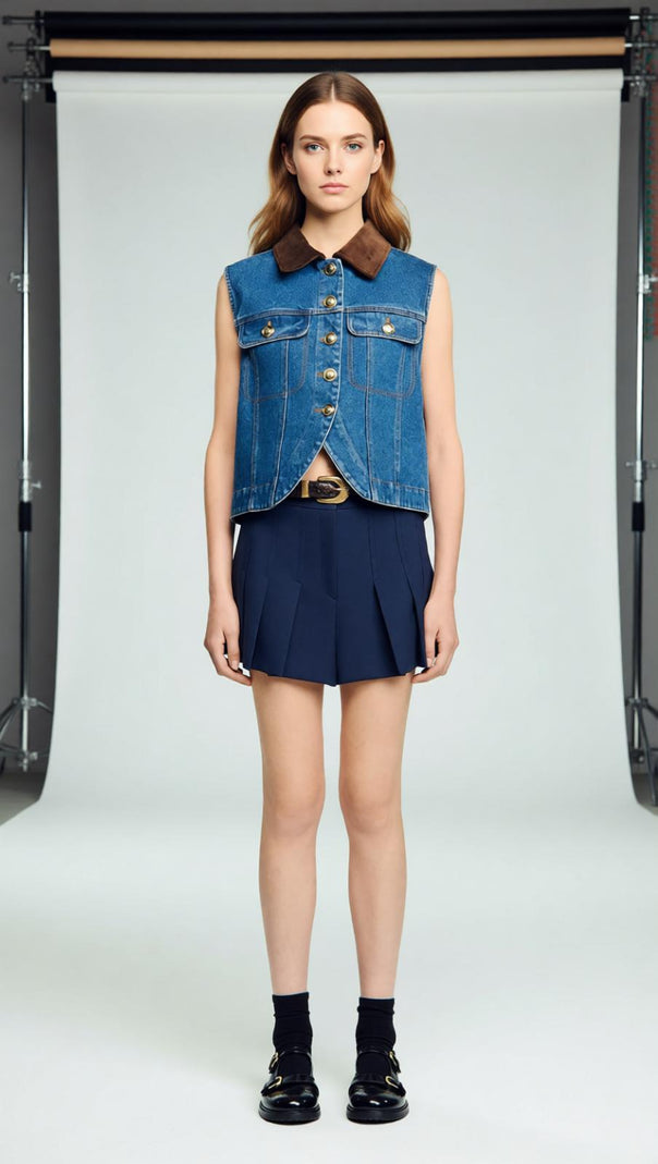 AIIZIE Chic Velvet Collar Denim Vest | Sleeveless Cropped Style for Women - product image