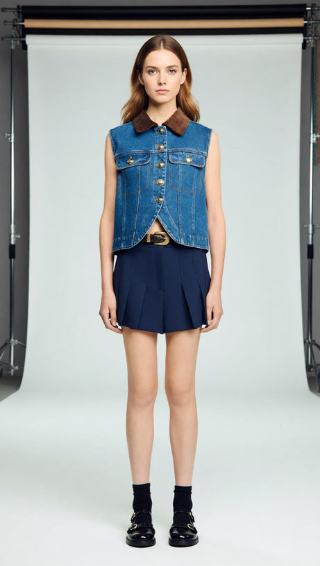 Chic Velvet Collar Denim Vest | Sleeveless Cropped Style for Women