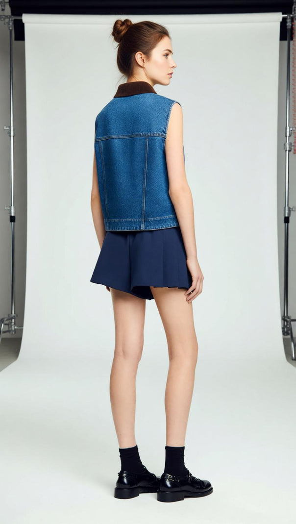 AIIZIE Chic Velvet Collar Denim Vest | Sleeveless Cropped Style for Women - product image