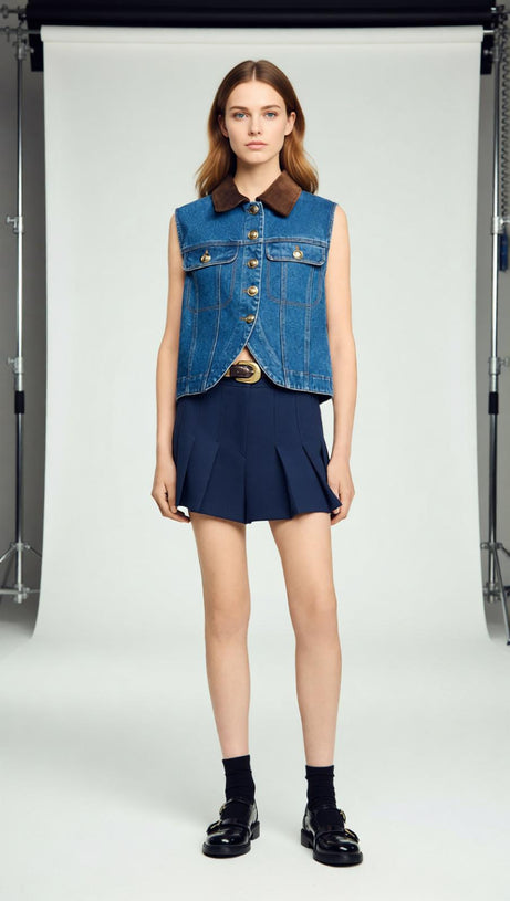 Chic Velvet Collar Denim Vest | Sleeveless Cropped Style for Women