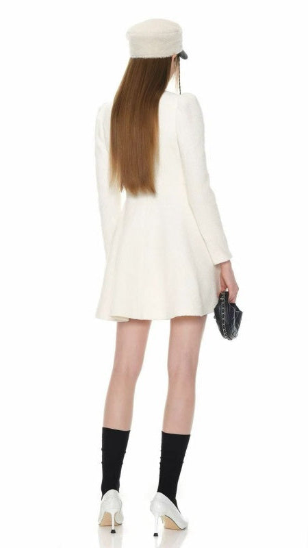 ELEGANT WHITE TWEED BOW MINI DRESS | LONG SLEEVE FIT & FLARE