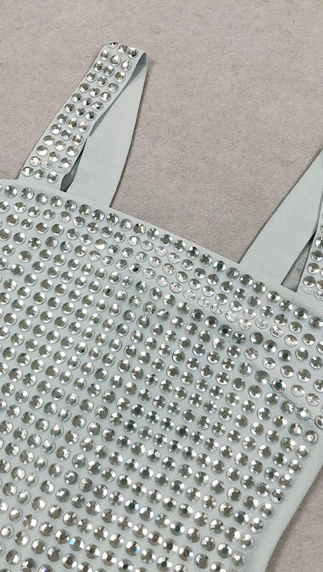 MINI ABITO GRIGIO CON DECORAZIONI DI DIAMANTI