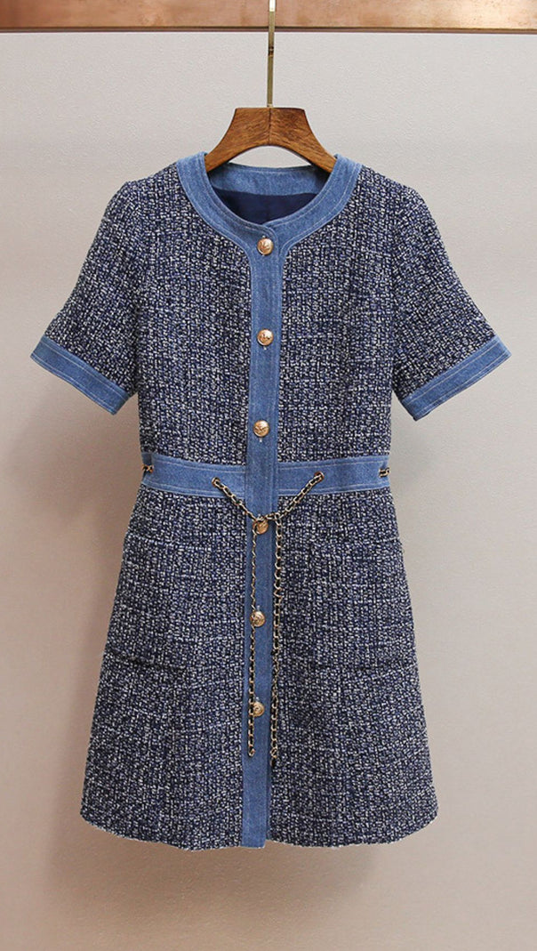 AIIZIE CHIC TWEED & DENIM MINI DRESS WITH GOLD CHAIN ACCENTS | HATSUYE - product image