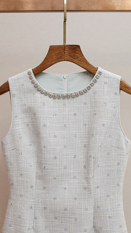 HATSUMI SPARKLE TWEED SLEEVELESS MINI DRESS | CRYSTAL EMBELLISHED NECKLINE & RUFFLE HEM