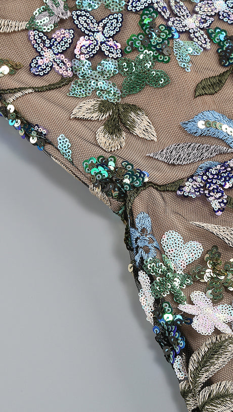 STRAPLESS DAHLIA SEQUINS EMBROIDERED MAXI DRESS GREEN