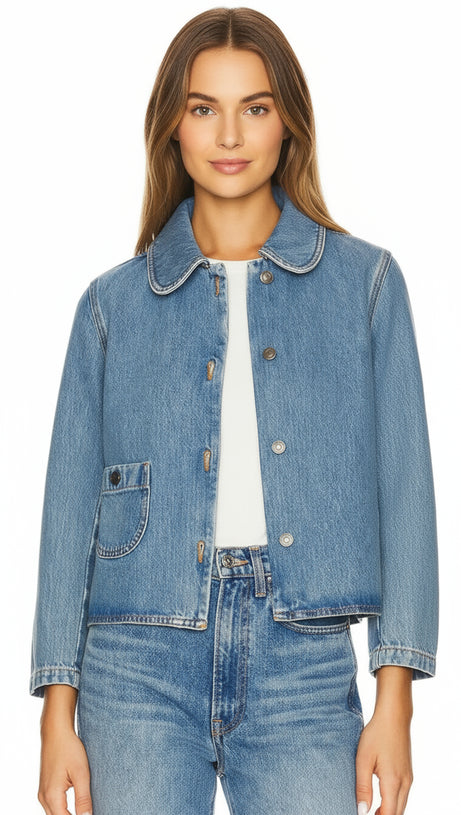 HARMONI CHIC CROPPED DENIM JACKET - EFFORTLESS STYLE & ROUNDED COLLAR