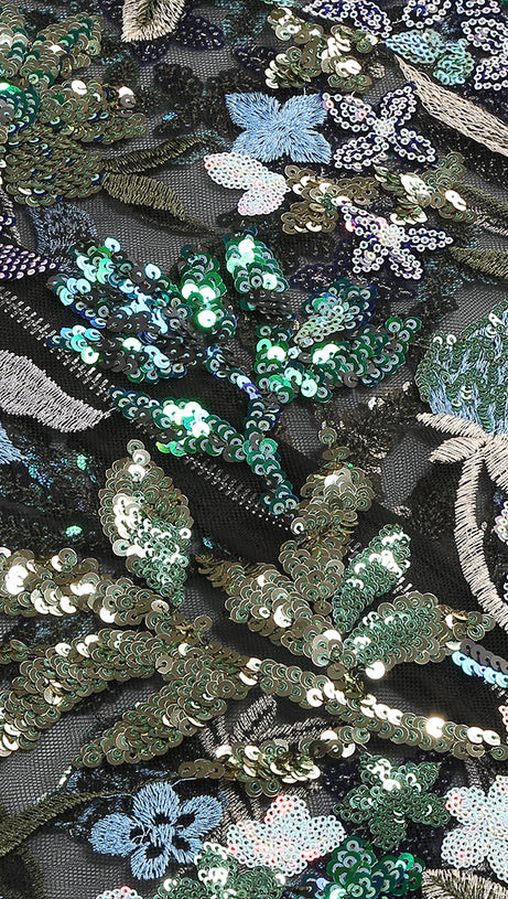 STRAPLESS DAHLIA SEQUINS EMBROIDERED MAXI DRESS GREEN