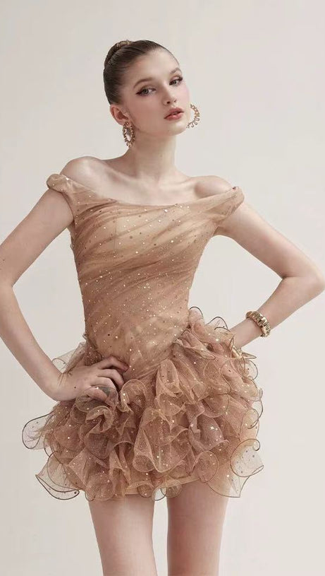 Veronic Romantic Embellished Sleeveless Ruffle Sequin Mini Dress