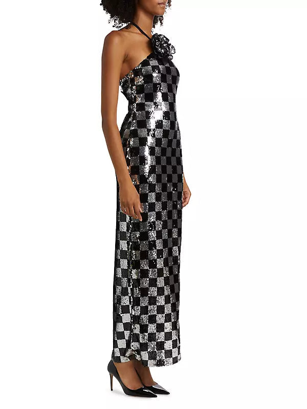 CHECKERBOARD SEQUIN HALTER GOWN WITH FLOWER