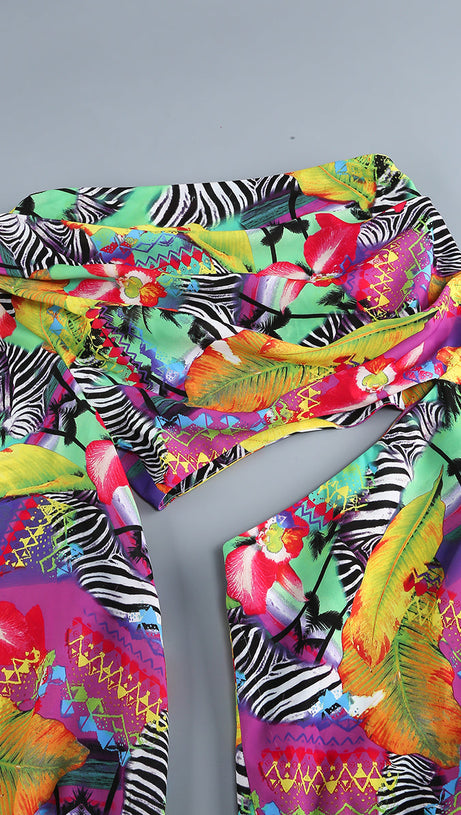 ONE SHOULDER RUFFLR TRIM PRINTED MAXI DRESS