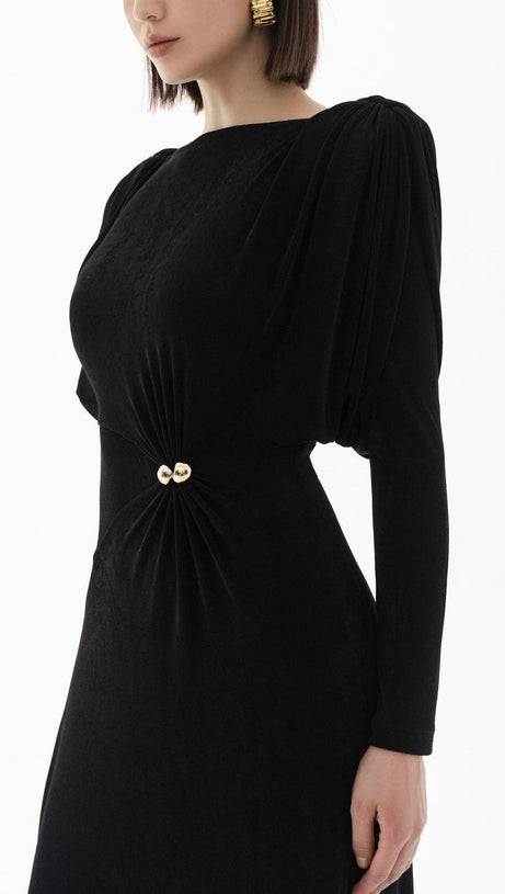 schwarzes, gerade geschnittenes Maxikleid aus Strickstoff mit U-Boot-Ausschnitt