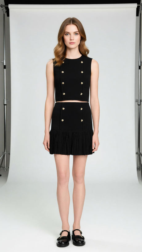 Chic Black Double-Breasted Ruffle Mini Skirt with Gold Buttons