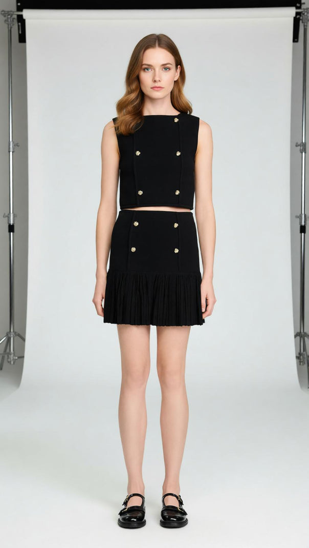 AIIZIE Chic Black Double-Breasted Ruffle Mini Skirt with Gold Buttons - product image