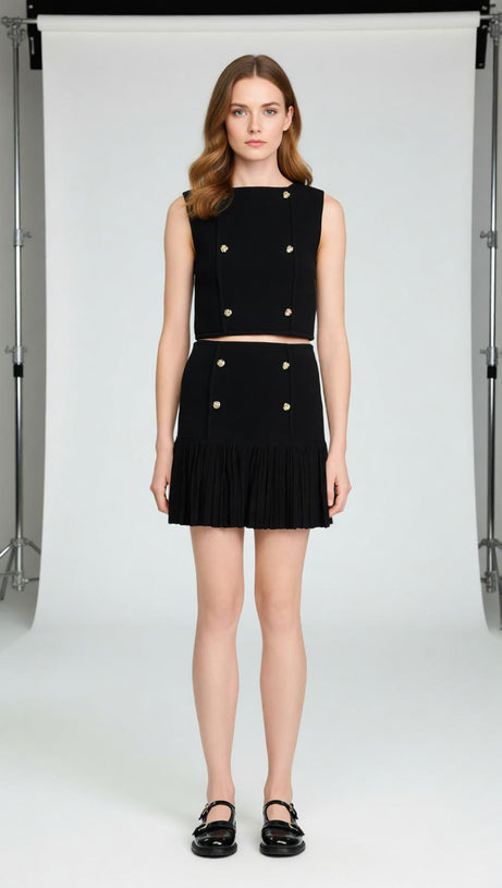 Chic Black Double-Breasted Ruffle Mini Skirt with Gold Buttons