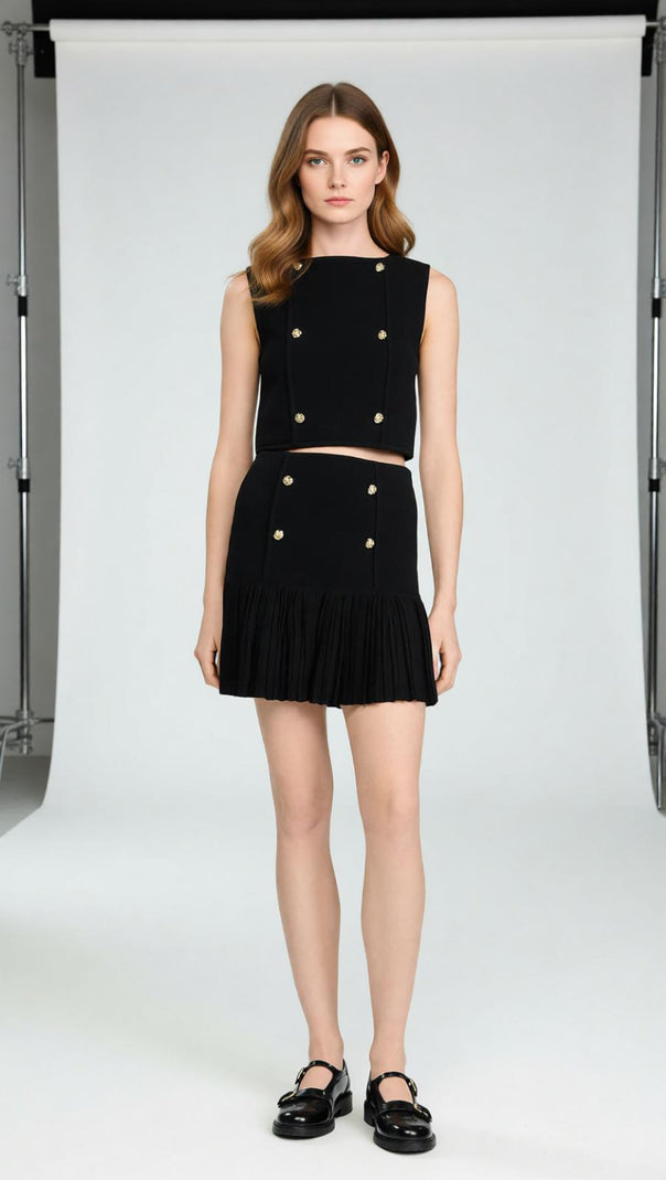 AIIZIE Chic Black Double-Breasted Ruffle Mini Skirt with Gold Buttons - product image