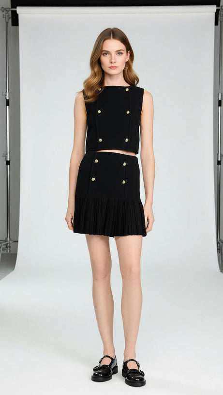 Chic Black Double-Breasted Ruffle Mini Skirt with Gold Buttons