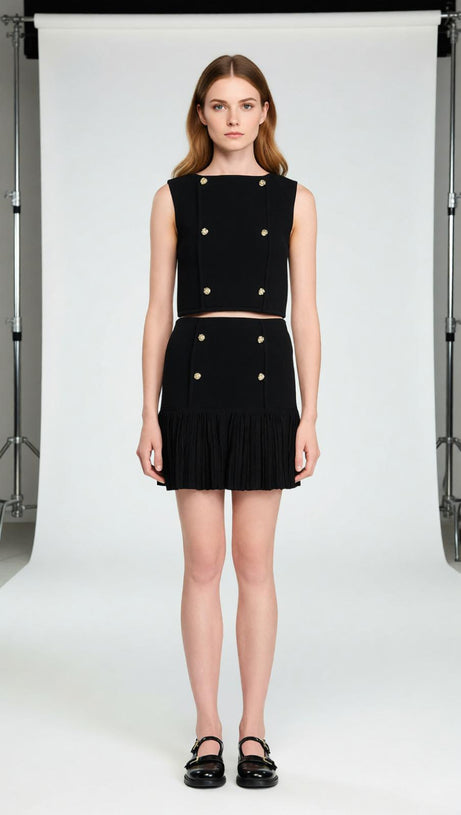 Chic Black Double-Breasted Crop Top with Gold Buttons