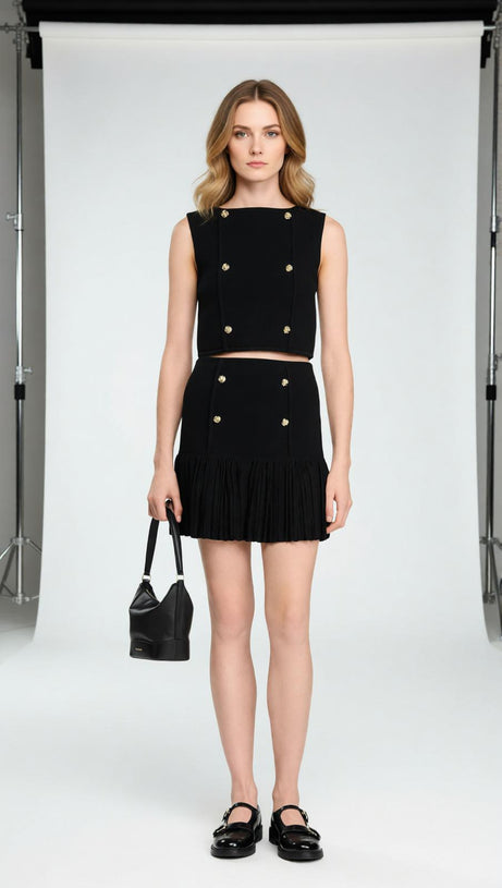 Chic Black Double-Breasted Crop Top with Gold Buttons