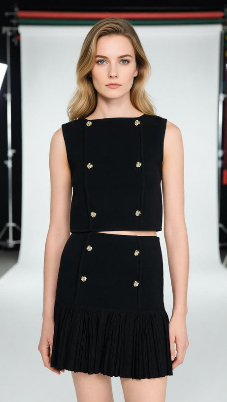 Chic Black Double-Breasted Crop Top with Gold Buttons