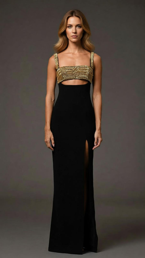 AIIZIE Dulcia Black & Gold Rhinestone Cut-Out Bandage Maxi Dress - Glamorous Evening Gown - product image