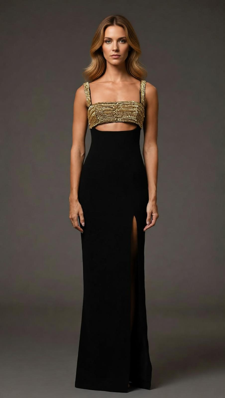 Dulcia Black & Gold Rhinestone Cut-Out Bandage Maxi Dress - Glamorous Evening Gown