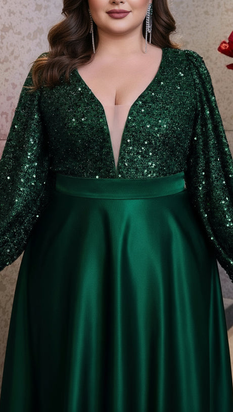 HENDRIKA DAZZLING EMERALD GREEN SEQUIN PLUS SIZE MAXI DRESS WITH LONG SLEEVES