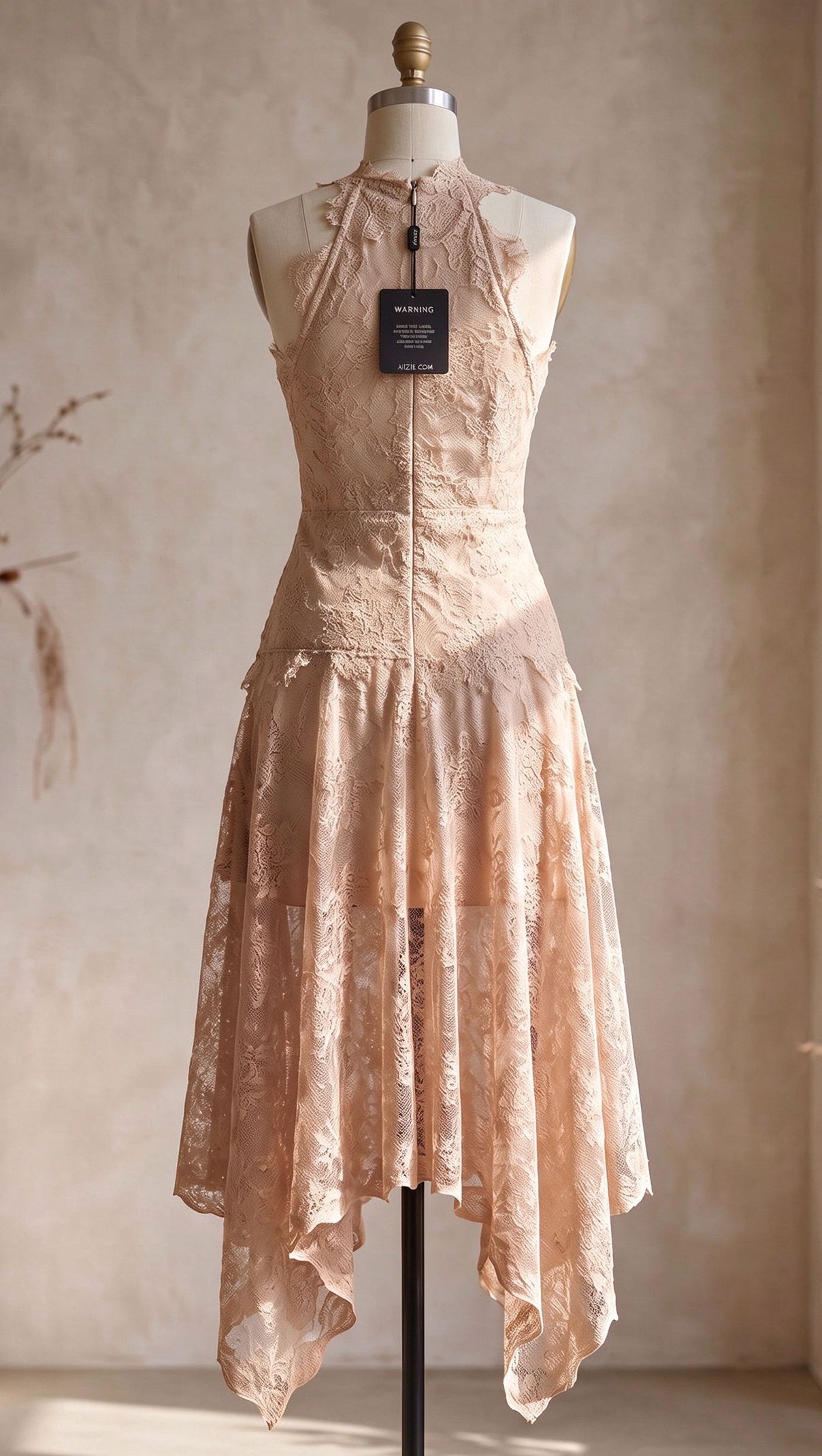 Beige Corded Floral Lace A-Line Midi Dress with Asymmetrical Hem