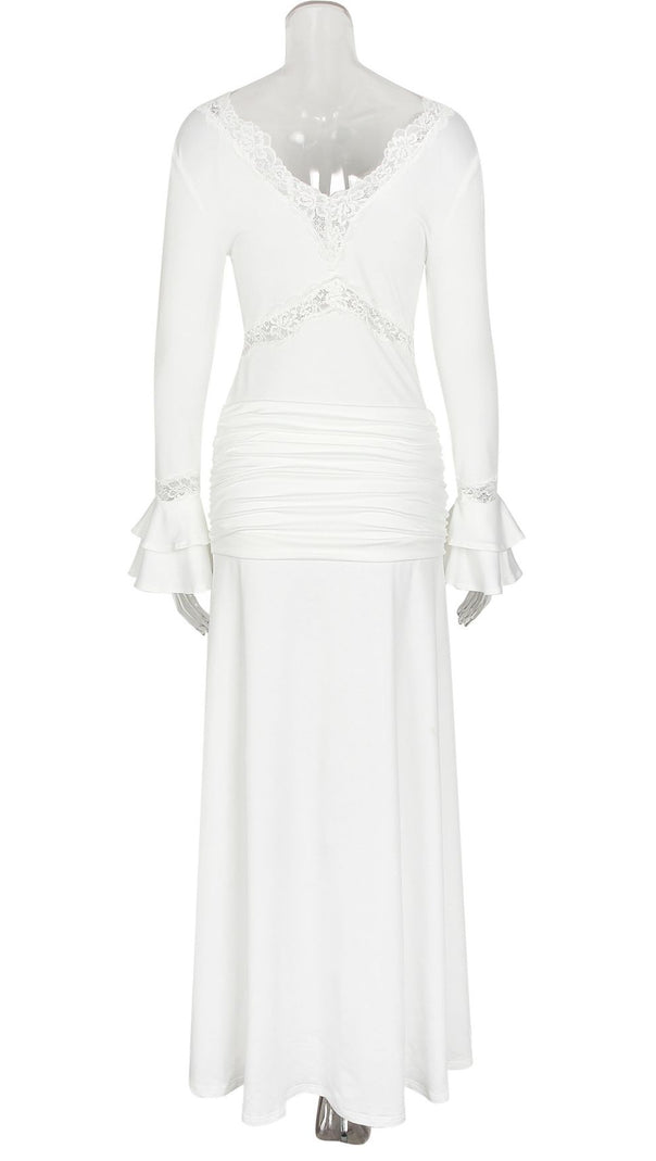 AIIZIE AKEELAH GRACEFUL LACE-TRIMMED FLARE SLEEVE MAXI DRESS | TIE-WAIST ELEGANCE - product image