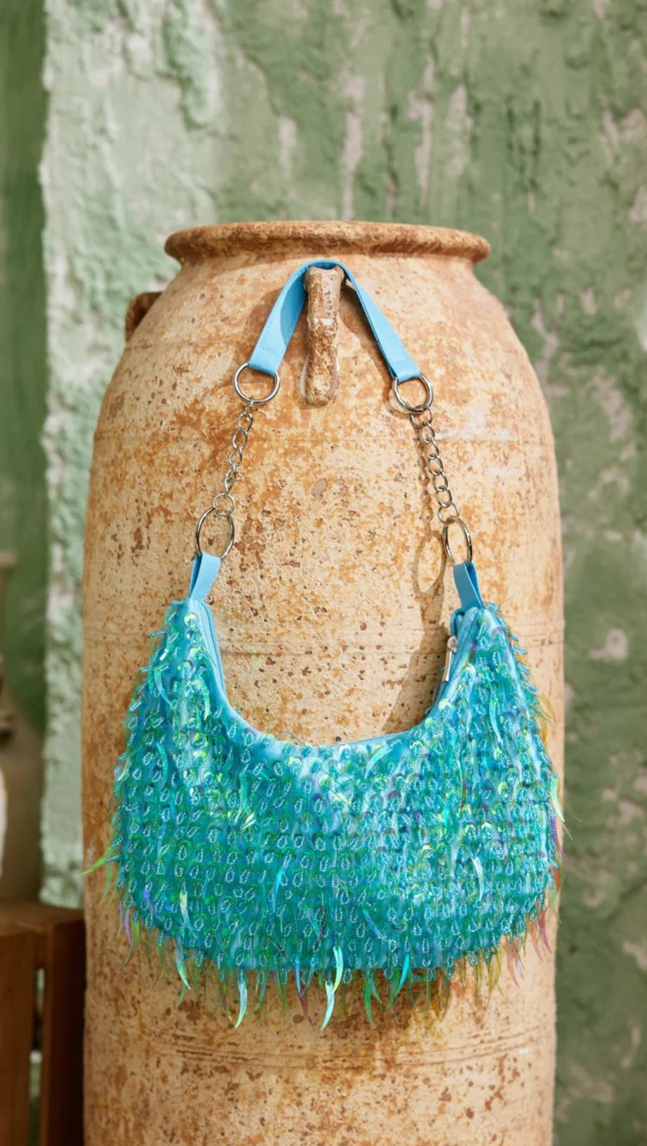 ADILA IRIDESCENT TEAL FRINGE CRESCENT BAG - SHIMMERING SHOULDER STATEMENT