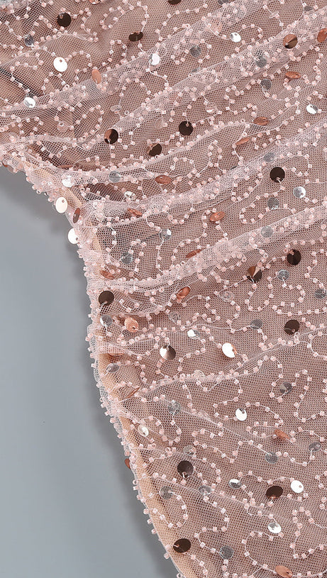 CRYSTAL LEAF EMBELLISHED SEQUIN MAXI DRESS IN PALE BROWN