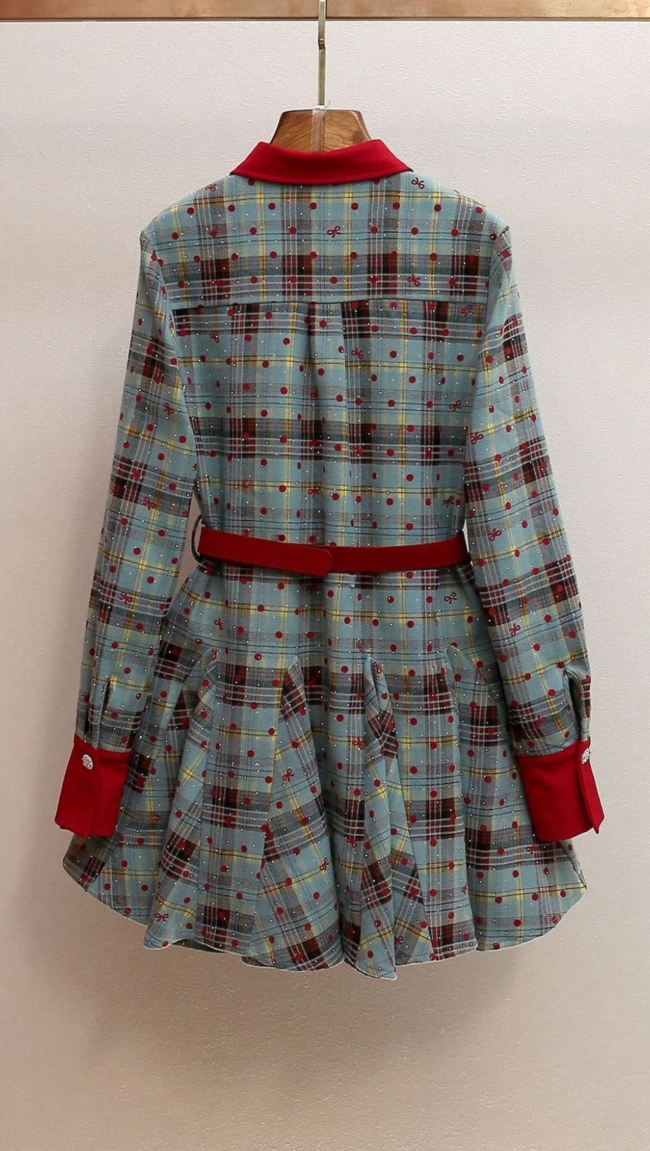 HUMLA PLAID BOW MINI DRESS WITH RED COLLAR & BELT - FESTIVE CHIC FOR WOMEN