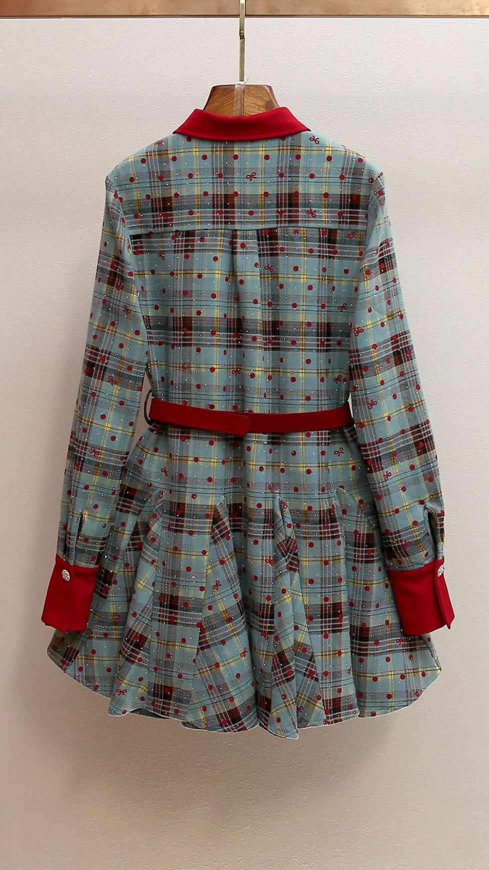 HUMLA PLAID BOW MINI DRESS WITH RED COLLAR & BELT - FESTIVE CHIC FOR WOMEN