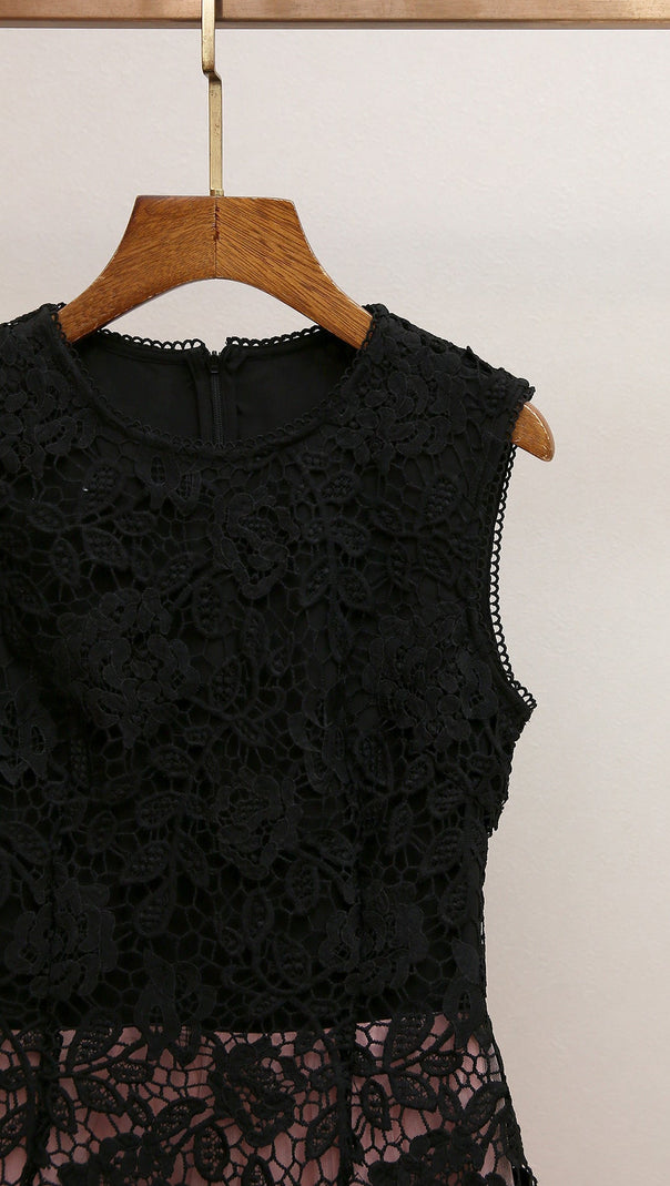 AIIZIE HUMITA ENCHANTING BLACK LACE & BLUSH TIERED TULLE MAXI DRESS - product image