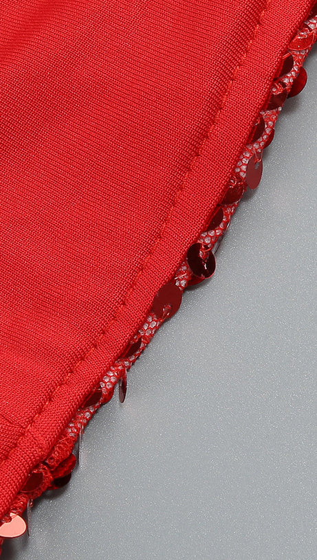 BERNICE DARK RED SEQUIN CORSAGE BANDEAU MINI DRESS