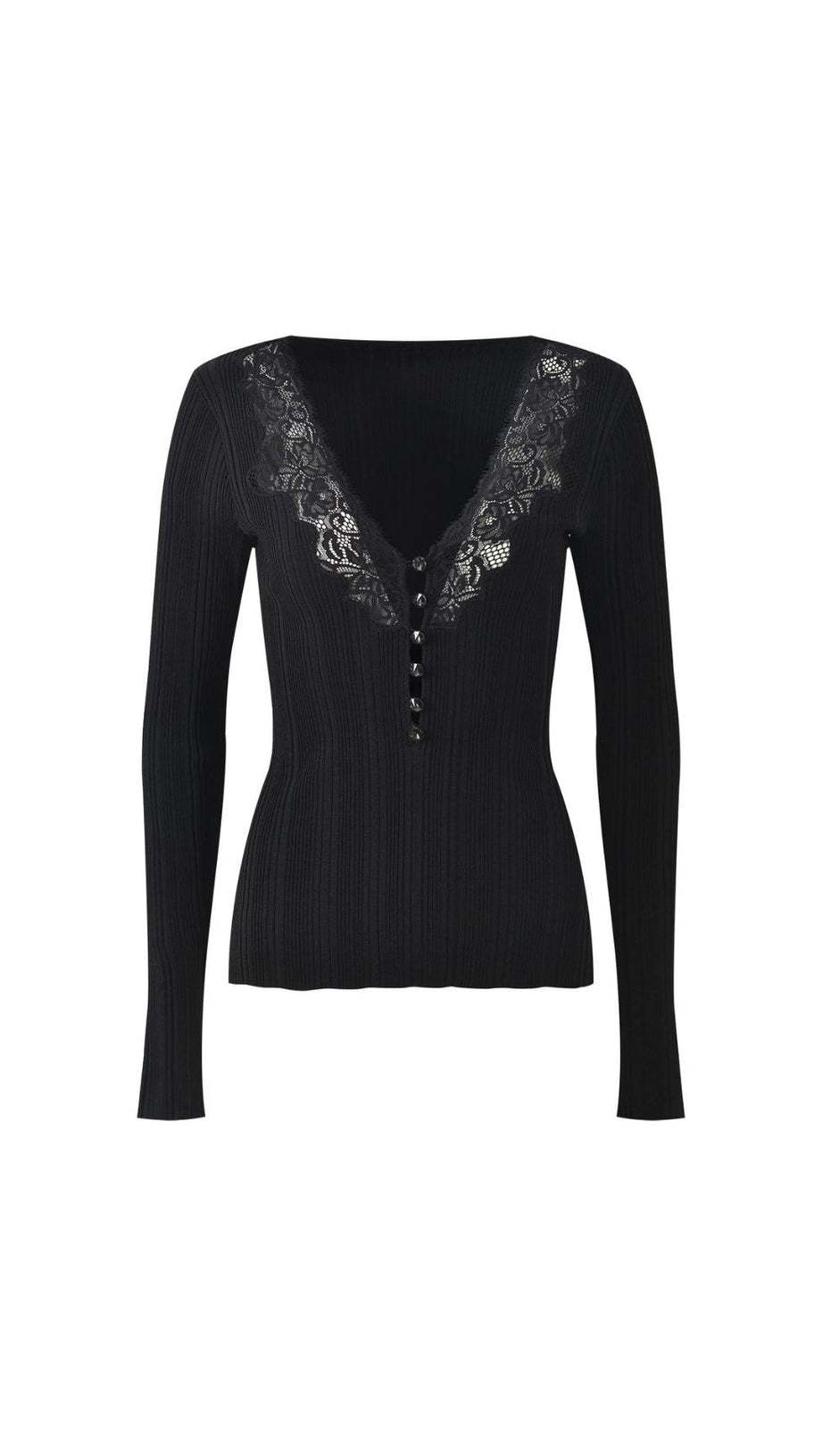 HULDA BLACK V-NECK LACE RIBBED KNIT TOP | CHIC WOMEN'S SWEATER
