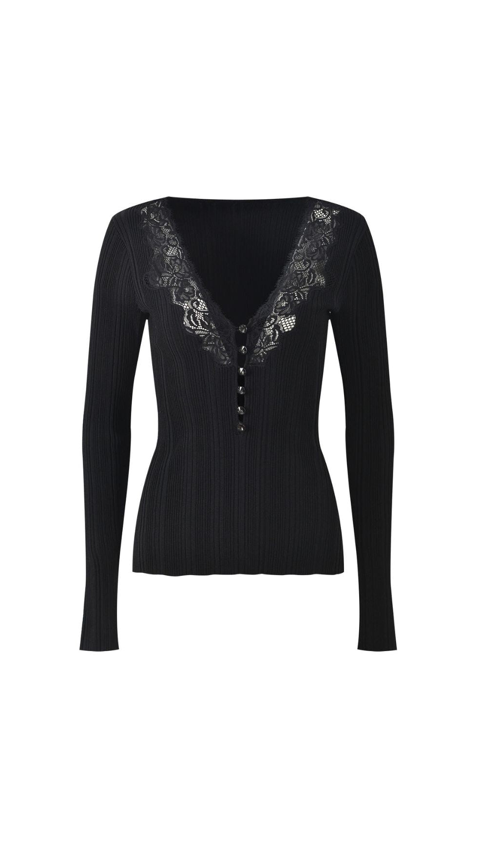 HULDA BLACK V-NECK LACE RIBBED KNIT TOP | CHIC WOMEN'S SWEATER