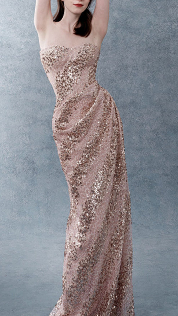 AIIZIE Janya Dazzling Strapless Sequin Maxi Dress | Glamour Evening Gown for Women - product image