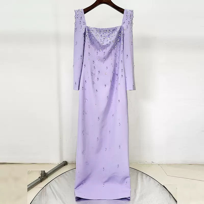 Purple Square Neck Long Sleeve Crystal Maxi Dress
