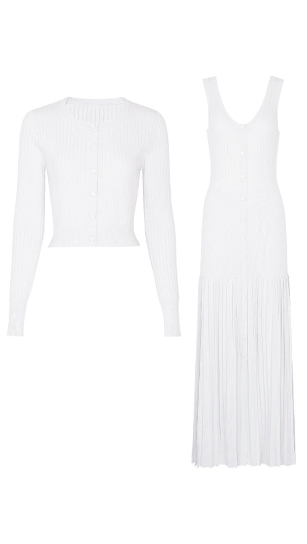 Jackie White Ribbed Knit Maxi Dress & Cardigan Set - Effortless 2-Piece Style